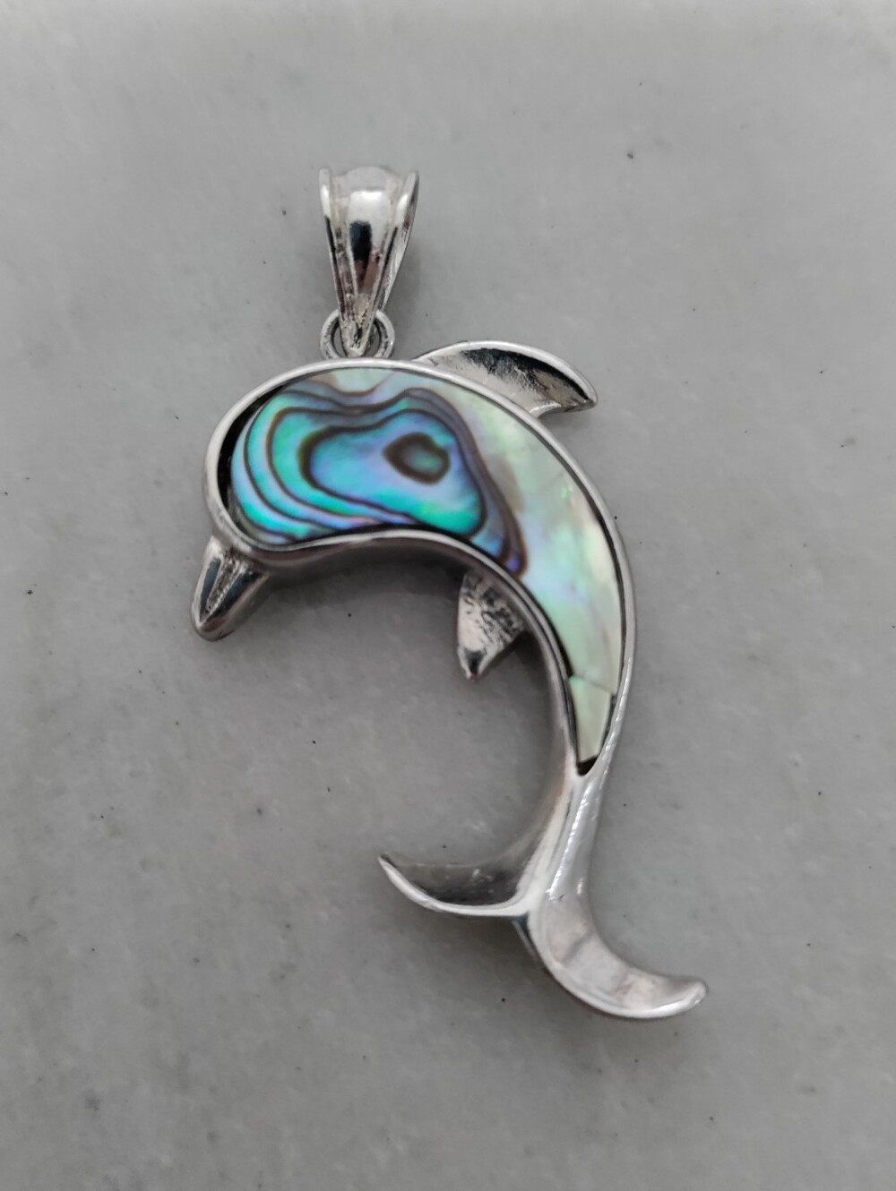 Dolphin Pendant Silver Metal Abalone Inlay Necklace